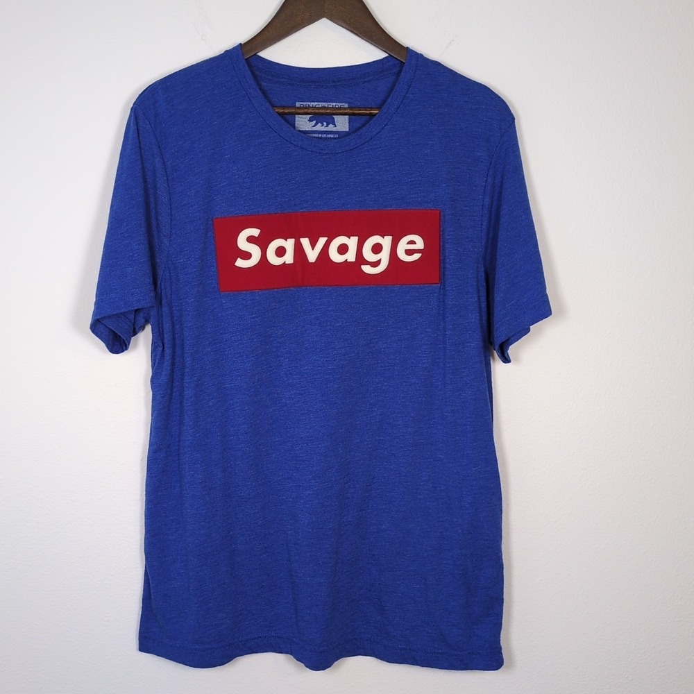 Ring Of Fire T- Shirt Blue With Emblazoned SAVAGE Red and White‎ Print Sz Large